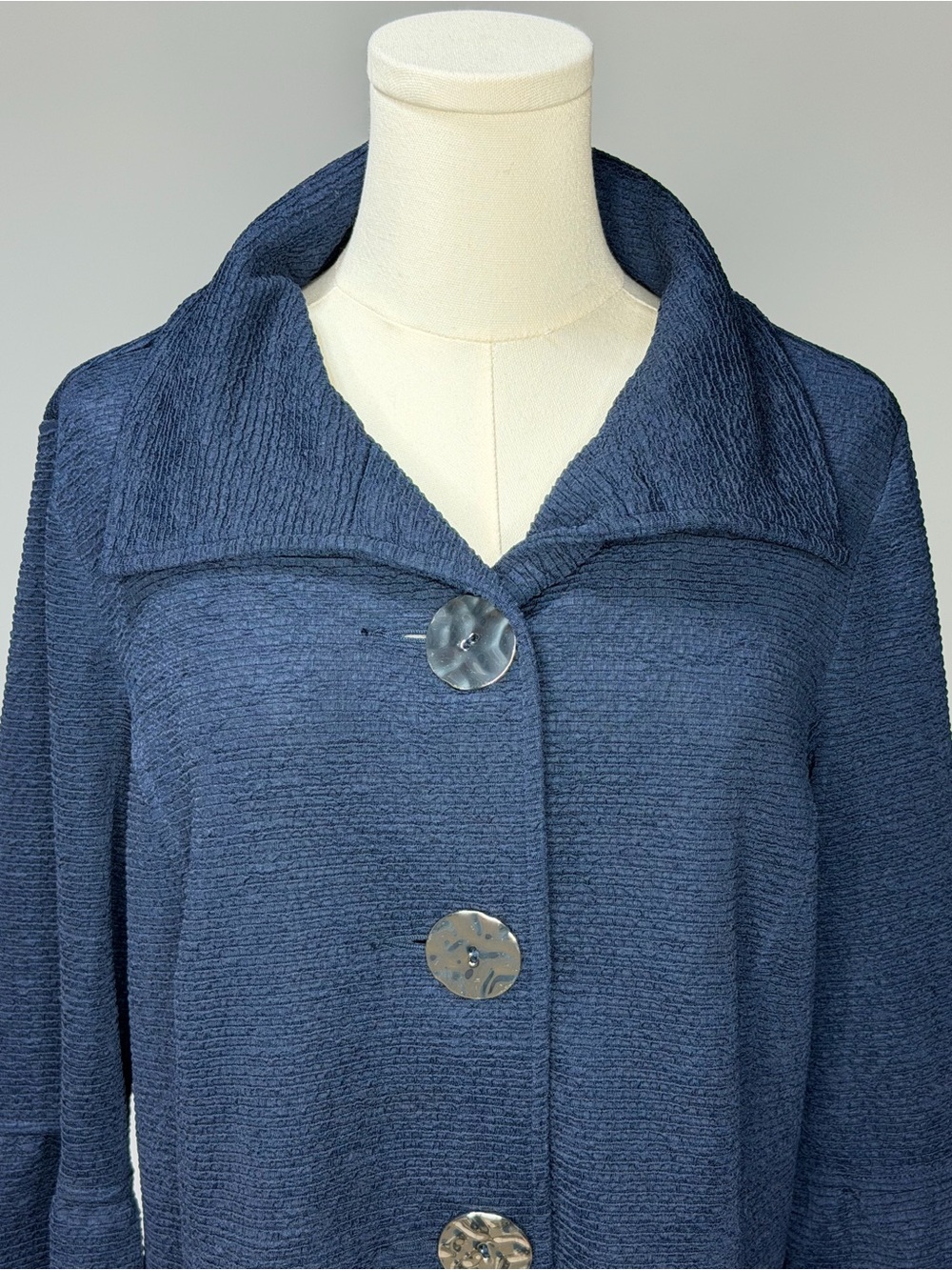 JM Collection Navy Textured Buttoned Jacket with Ruffle Sleeves - Picture 3 of 6